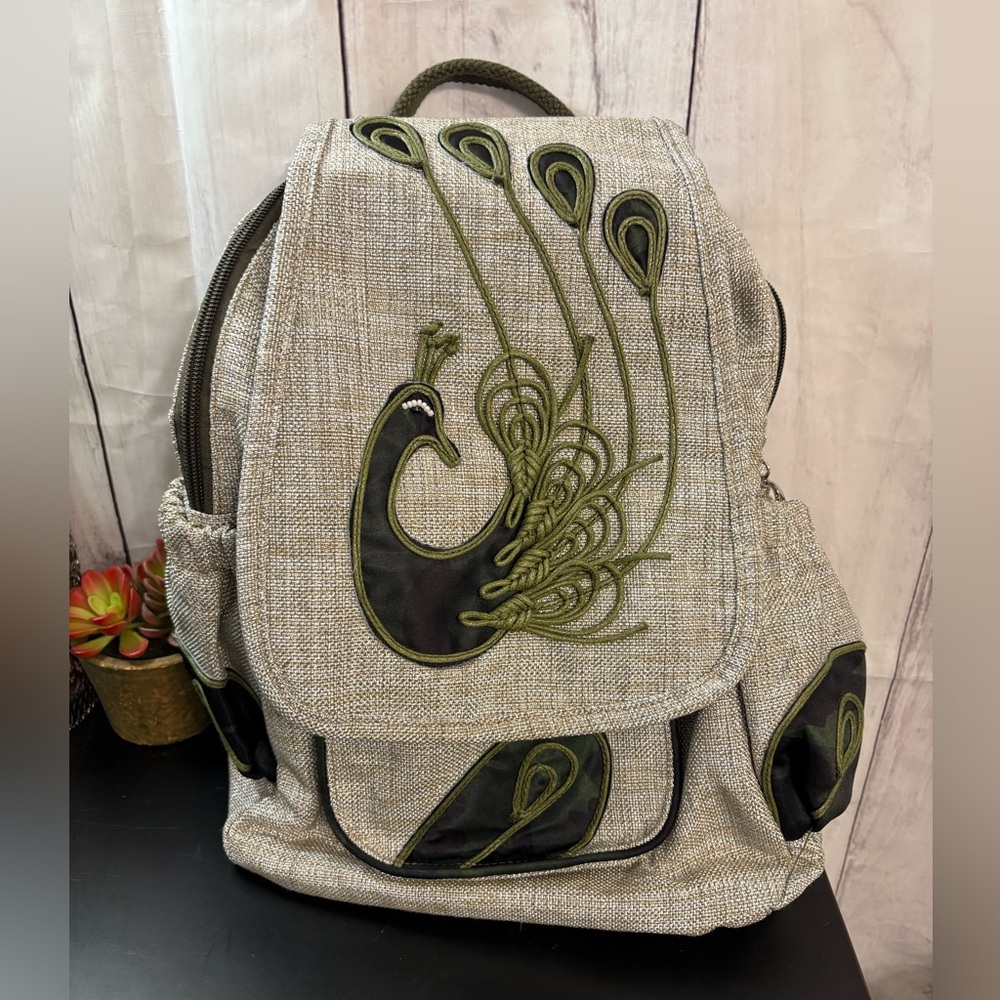 Stylish Gray Backpack With Peacock Embroidery - image 1